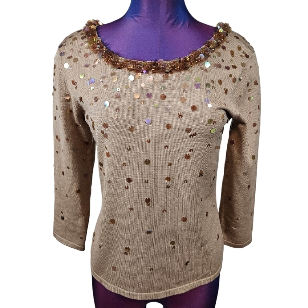 Talbots Taupe Silk Blend Sequin 3/4 Sleeve Blouse Size Small Women's J31